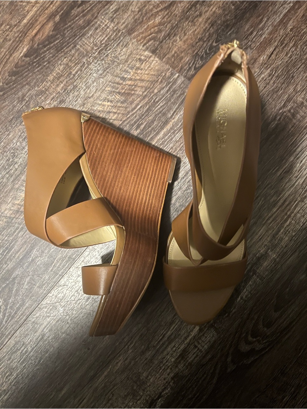Michael Kors Cognac Leather Crisscross Wedge Sandals - Picture 2 of 5
